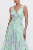 Vestido largo floral de gasa azul A-line de escote en V