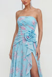 Vestido floral azul 3D con volantes y abertura sin tirantes azul A-Line