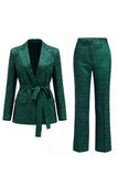 Traje de graduación de dos piezas, floral verde oscuro con solapa muescada y pierna ancha con cinturón