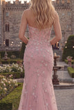 Vestido de graduación largo de tul con contas y sirenas azul brillante con apliques
