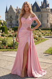 Corsé rosa Sirena transparente con hombros y vestido largo de graduación con abertura