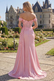 Corsé rosa Sirena transparente con hombros y vestido largo de graduación con abertura