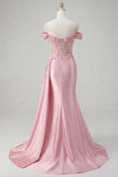 Corsé rosa Sirena transparente con hombros y vestido largo de graduación con abertura