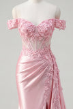 Corsé rosa Sirena transparente con hombros y vestido largo de graduación con abertura