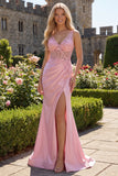 Vestido de baile de graduación rosa floral con escote en V y cuello fruncido, sirena