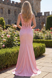 Vestido de baile de graduación rosa floral con escote en V y cuello fruncido, sirena
