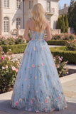 Corsé floral azul A-Line con pliqué y vestido largo de baile con flores 3D
