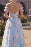 Corsé floral de tul de tul de hombros fríos con pliqués largos y flores 3D
