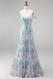 Corsé floral de trompeta azul tul de tul con pliqués largos y flores 3D