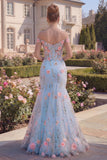 Corsé floral de trompeta azul tul de tul con pliqués largos y flores 3D