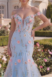 Corsé floral de trompeta azul tul de tul con pliqués largos y flores 3D
