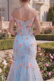 Corsé floral de trompeta azul tul de tul con pliqués largos y flores 3D