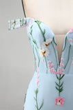 Corsé floral de trompeta azul tul de tul con pliqués largos y flores 3D
