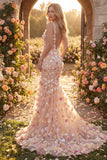 Vestido largo largo de graduación de sirena de tul y tul champaña, con escote en pico floral y aplicado,