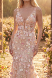 Vestido largo largo de graduación de sirena de tul y tul champaña, con escote en pico floral y aplicado,