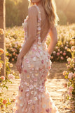 Vestido largo largo de graduación de sirena de tul y tul champaña, con escote en pico floral y aplicado,