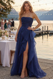 Vestido largo de graduación de tul azul marino A-Line tirantes con volantes y fruncidos, con abertura