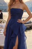 Vestido largo de graduación de tul azul marino A-Line tirantes con volantes y fruncidos, con abertura