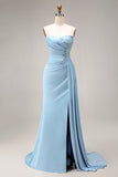 Vestido largo de graduación sin tirantes sin tirantes de sirena azul sirena azul fruncido y tirante