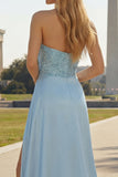 Vestido largo de graduación sin tirantes sin tirantes de sirena azul sirena azul fruncido y tirante