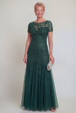 Vestido de madre de novia de una línea de escote redondo verde oscuro
