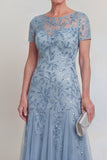 Vestido de madre de novia de una línea de escote redondo verde oscuro