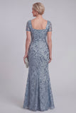 Vestido largo de Madre de la Novia con Encaje Floral Gris Azul, Lentejuelas