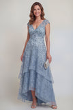 Vestido largo de Madre de la Novia con mangas y mangas de encaje gris azul encaje