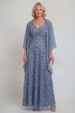 Encaje azul marino floral línea A Líneas de lentejuelas Vestido largo de madre de la novia con chaqueta