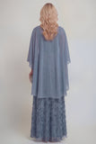 Encaje azul marino floral línea A Líneas de lentejuelas Vestido largo de madre de la novia con chaqueta