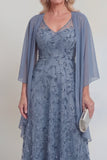 Encaje azul marino floral línea A Líneas de lentejuelas Vestido largo de madre de la novia con chaqueta