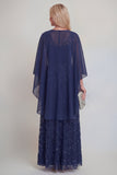 Encaje azul marino floral línea A Líneas de lentejuelas Vestido largo de madre de la novia con chaqueta