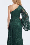 Vestido largo de Madre de la Novia de encaje verde oscuro de un hombro con mangas