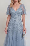 Vestido largo de Madre de la Novia con Tul de Tul Gris Azul, Lentejuelas Florales de Escote en V y Mangas