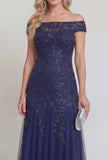 Tul azul marino con lentejuelas florales caídas del hombro Largo vestido de madre de la novia