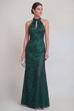 Vestido largo de sirena con corte verde salvia y abertura