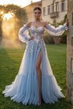 Vestido de graduación azul claro Sweetheart A-line floral con aplicación y corte con abertura