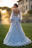 Vestido de graduación azul claro Sweetheart A-line floral con aplicación y corte con abertura