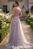 Vestido largo de graduación largo de tul de tul gris morado con apliqués florales y aplicada