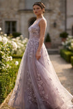 Vestido largo de graduación largo de tul de tul gris morado con apliqués florales y aplicada