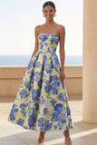 Vestido largo de invitado de novia de flores de naciso azul en línea A, tirantes y estampado de flores,