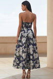 Vestido largo de invitado de novia de flores de naciso azul en línea A, tirantes y estampado de flores,