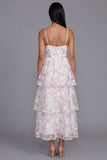 Vestido floral largo de tirantes finos en línea fina de flores blancas rosadas