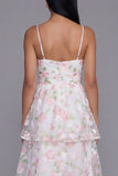 Vestido floral largo de tirantes finos en línea fina de flores blancas rosadas