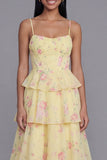 Vestido floral largo de tirantes finos en línea fina de flores blancas rosadas