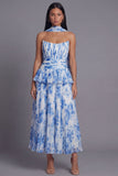 Vestido midi sin tirantes plisados plisados y volantes A-Line Dusty Sage con bufanda al cuello