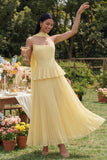 Vestido midi sin tirantes plisados plisados y volantes A-Line Dusty Sage con bufanda al cuello