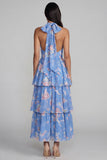 Vestido largo floral con cuello halter, cuello halter, en niveles y lazo, azul rosa