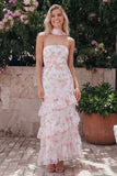 Vestido largo de invitado de boda de chiffon blanco rosa rosa sin tirantes con volantes y bufanda de cuello