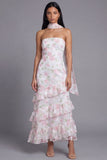 Vestido largo de invitado de boda de chiffon blanco rosa rosa sin tirantes con volantes y bufanda de cuello